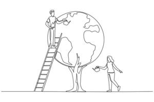 Continuous one line drawing a man climbs a ladder watering a tree whose leaves form a globe. Working together to make the earth keep green. No pollution. Single line draw design illustration vector