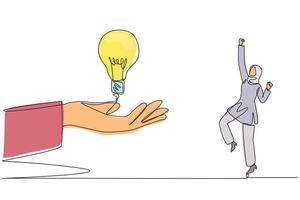 Single one line drawing Arabian businesswoman is excited to get lightbulb from a giant hand. Brainstorming. Best solution. Providing innovation. Good idea. Continuous line design graphic illustration vector