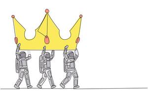 Continuous one line drawing a group of astronauts work together to carrying crown. Royal symbol. Luxurious. Throne. Empire. Vintage. Spaceman outer space. Single line draw design illustration vector