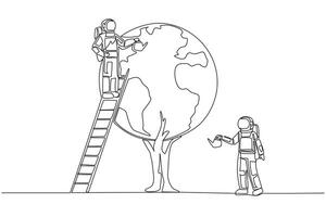 A drawing of two people standing on a ladder next to a tree vector