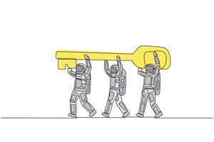 Continuous one line drawing group of astronauts work together carrying the key. Offer the best solution. Key to success. Cosmonaut outer space. Expedition. Single line draw design illustration vector
