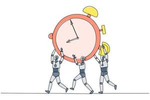 Single one line drawing group of robots work together carrying alarm clock. Limited trial time. Artificial intelligence should be released soon. Technology. Continuous line design graphic illustration vector