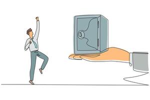 Single continuous line drawing the businessman was excited to get a safe deposit box from a giant hand. Important gift. It's very useful to keep important things. One line design illustration vector