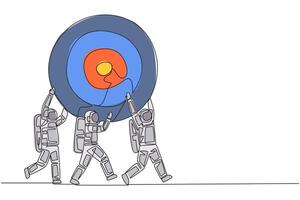 Continuous one line drawing group of astronauts work together carrying arrow target board. Focus on achieving successful space expedition mission. Spaceman. Single line draw design illustration vector