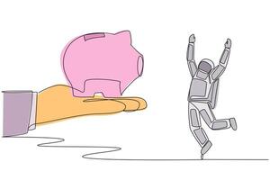 Single continuous line drawing young astronaut happy to get a piggy bank from giant hand. Savings. Investment. A calming gift. The needs for future space missions. One line design illustration vector