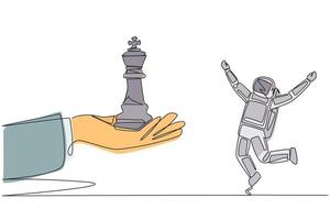 Continuous one line drawing astronaut excited to get king's chess piece from giant hand. Get support from important people. Awesome space mission. Spaceman. Single line draw design illustration vector