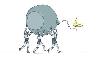 Single continuous line drawing group of robots work together carrying a big bomb with fuse lit. Hazard detector. Get rid of distractions. Future technology concept. One line design illustration vector
