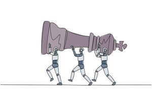 Continuous one line drawing group of robots work together carrying the king's chess pieces. Artificial intelligence is able to design strategy. Technology. Single line draw design illustration vector