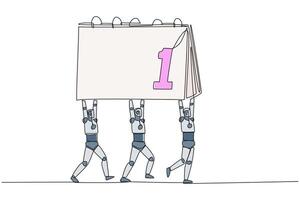 Continuous one line drawing a group of robots work together carrying a desk calendar. Able to manage schedule. Perfect artificial intelligence. Technology. Single line draw design illustration vector