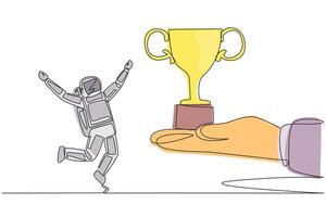 Single continuous line drawing young astronaut happy to get the trophy from the giant hand. Competition winner. Champion. Space journalist. Cosmonaut deep space. One line design illustration vector