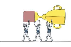 Continuous one line drawing group of robots work together carrying the trophy. Artificial intelligence sees opportunities to win. Future technology concept. Single line draw design illustration vector