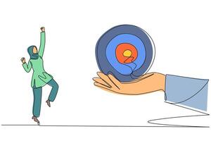 Continuous one line drawing Arab businesswoman excited to get the arrow target board from a giant hand. Focus and complete multiple targets. Achievement. Single line draw design illustration vector