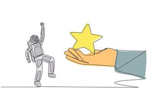 Continuous one line drawing astronaut was happy to get a star from the giant hand. Achieving dreams. An extraordinary success for an astronaut. Cosmonaut. Single line draw design illustration vector