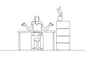 A man sitting at a desk with his hands up vector