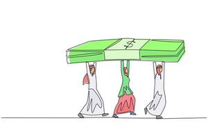 Single one line drawing group of Arab businessmen and businesswomen working together carry stack of banknotes. Make maximum use of large capital. Profit. Continuous line design graphic illustration vector