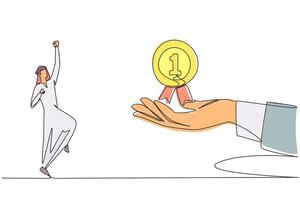 Continuous one line drawing Arabian businessman was happy to get reward medal from giant hand. The most important gift in a career. Recognition of success. Single line draw design illustration vector