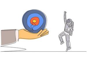 Single continuous line drawing astronaut was excited to get the arrow target board from a giant hand. Focus. Complete target. Return to earth safely. Cosmonaut. One line design illustration vector