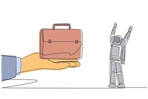Single one line drawing astronaut was excited to get the briefcase from a giant hand. Made from lightweight leather. Easy to carry on space expeditions. Continuous line design graphic illustration vector