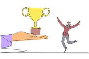 Continuous one line drawing Arabian businesswoman happy to get the trophy from the giant hand. Winner of business competition. Appreciation from everywhere. Single line draw design illustration vector