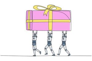 Continuous one line drawing group of robots work together to carrying gift box. The smartest robot. Successful artificial intelligence. Present. Technology. Single line draw design illustration vector