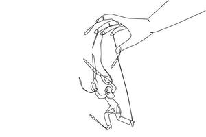 Single one line drawing Arabian businesswoman walking moved by ropes controlled by giant hand. Untangle with scissors. Freedom to move forward for better business. Continuous line graphic illustration vector