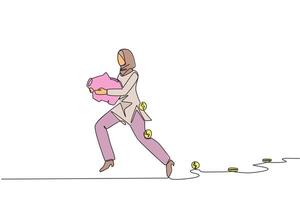 Single continuous line drawing Arab businesswoman running carrying a piggy bank with coins scattered around. Investments cannot fail. Save important company assets. One line design illustration vector