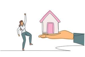 Single one line drawing businesswoman was excited to get a miniature house from giant hand. Hard work gets comparable results. Trusted to place a new house. Continuous line design graphic illustration vector