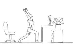 Single one line drawing woman stands with both hands raised and legs stretched. Relax while working. Calming mind. Focus even if work overtime on weekends. Continuous line design graphic illustration vector