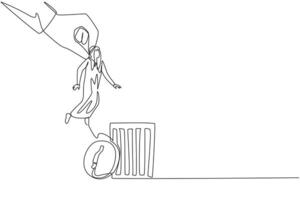 Single continuous line drawing Arabian businessman is lifted by giant hand and will be put into a trash can. Traitor. Makes business plan leaky and unprofitable. One line design illustration vector
