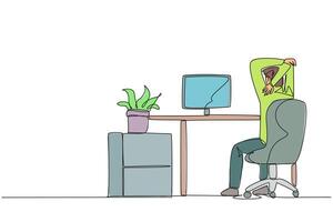Single continuous line drawing man sitting in a work chair warming up his hands above his head. Work overtime on weekends. Requires more focus than usual. Stretch. One line design illustration vector