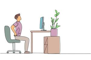 Continuous one line drawing man sitting in a work chair with hands holding his waist. Stretch body and mind. Work overtime on weekends. Relax for a moment. Single line draw design illustration vector