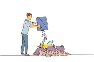 Single one line drawing man throws rubbish into rubbish pile. Environmental care. Throwing rubbish not in proper place. Surrounding air becomes less clear. Continuous line design graphic illustration vector