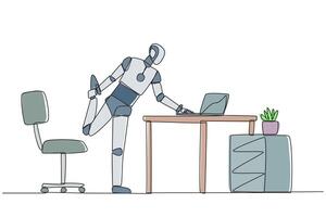 Single continuous line drawing robot standing with one leg raised and his hand typing on a laptop. Multitasking robots. Work while stretching. Future technology AI. One line design illustration vector