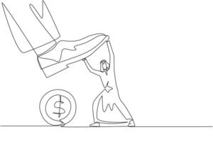 Single continuous line drawing Arabian businessman holds back a giant foot wants to step on the coin with dollar symbol. Resisting the greed of the sovereigns. One line design illustration vector
