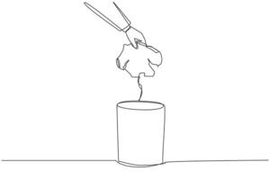 Single one line drawing businessman's hand throwing away broken piggy bank. Find the source of investment failure. Replace with a better and more reliable. Continuous line design graphic illustration vector
