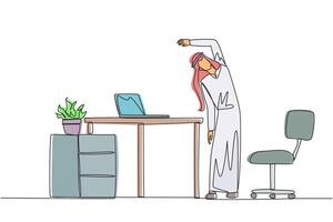 Single one line drawing Arabian man stands while raising one hand and tilting body. Stretch and do light exercise before work. More focus. Relax. Overtime. Continuous line design graphic illustration vector