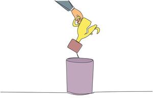 Continuous one line drawing businessman's hand throwing away broken trophy. Past glories can only be remembered. Make it a motivation to be better. Cracked. Single line draw design illustration vector