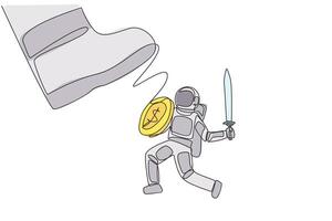 Single one line drawing astronaut tries to ward off the giant foot that wants to step on him. Anything is done to make the space expedition run smoothly. Continuous line design graphic illustration vector