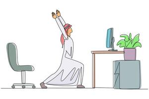 Single continuous line drawing Arabian man stands with both hands raised and legs stretched. Start overtime on the weekend with stretching. Don't want to stress. One line design illustration vector