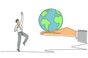 Single continuous line drawing the businessman is excited to get the globe from the giant hand. Get a promotion of positions in the newly opened business branch. One line design illustration vector