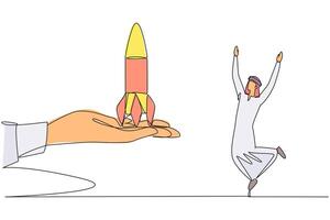 Continuous one line drawing Arabian businessman is happy to get rocket from the giant hand. Amazing career accomplishments. New business branch. Success. Single line draw design illustration vector