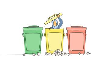Single continuous line drawing Arabian businesswoman peeking out of trash can, there were lots of wads of paper. Failure in managing business. Stress. Frustrated. One line design illustration vector