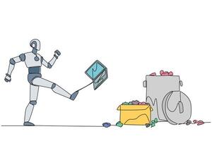 Continuous one line drawing emotional robot kicked laptop into the trash. Many bugs go wrong when programming artificial intelligence. Future technology. Single line draw design illustration vector