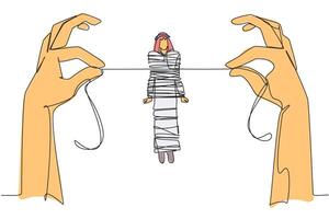 Continuous one line drawing Arab businessman standing and tied by rope held by 2 giant hands. Captured by criminals. Demanding ransom. Helpless. Detained. Single line draw design illustration vector