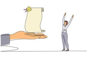 Single one line drawing businesswoman was excited to get roll of stamped paper from the giant hand. A testament for the progress of the company. Important. Continuous line design graphic illustration vector