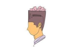 Single continuous line drawing the businessman's head is shaped like a trash can. There are many things to think about that can disrupt business performance. Loss. One line design illustration vector