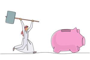Single continuous line drawing Arab businessman holding big hammer chasing big running piggy bank. Investment value decreases. Sell it immediately before bankrupt. One line design illustration vector
