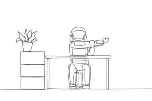 Continuous one line drawing astronaut sitting in a work chair with his arms crossed. Warm up seriously before continuing busy work. Cosmonaut outer space. Single line draw design illustration vector