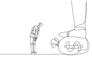 Continuous one line drawing smart robot nodded in front of the giant foot stepping on the money bag. A robot that can maintain profits very well. AI tech. Single line draw design illustration vector