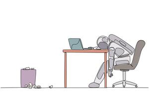 Single one line drawing astronaut sitting in a work chair looking tired. Want to write down the space expedition experiences on the laptop to make a book. Continuous line design graphic illustration vector
